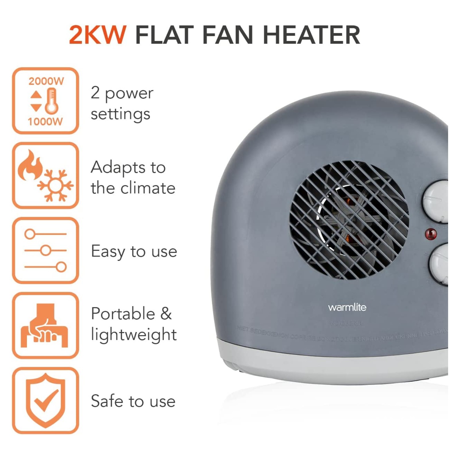 Warmlite WL44004DT 2000W Flat Fan Heater Grey - Kettle and Toaster Man